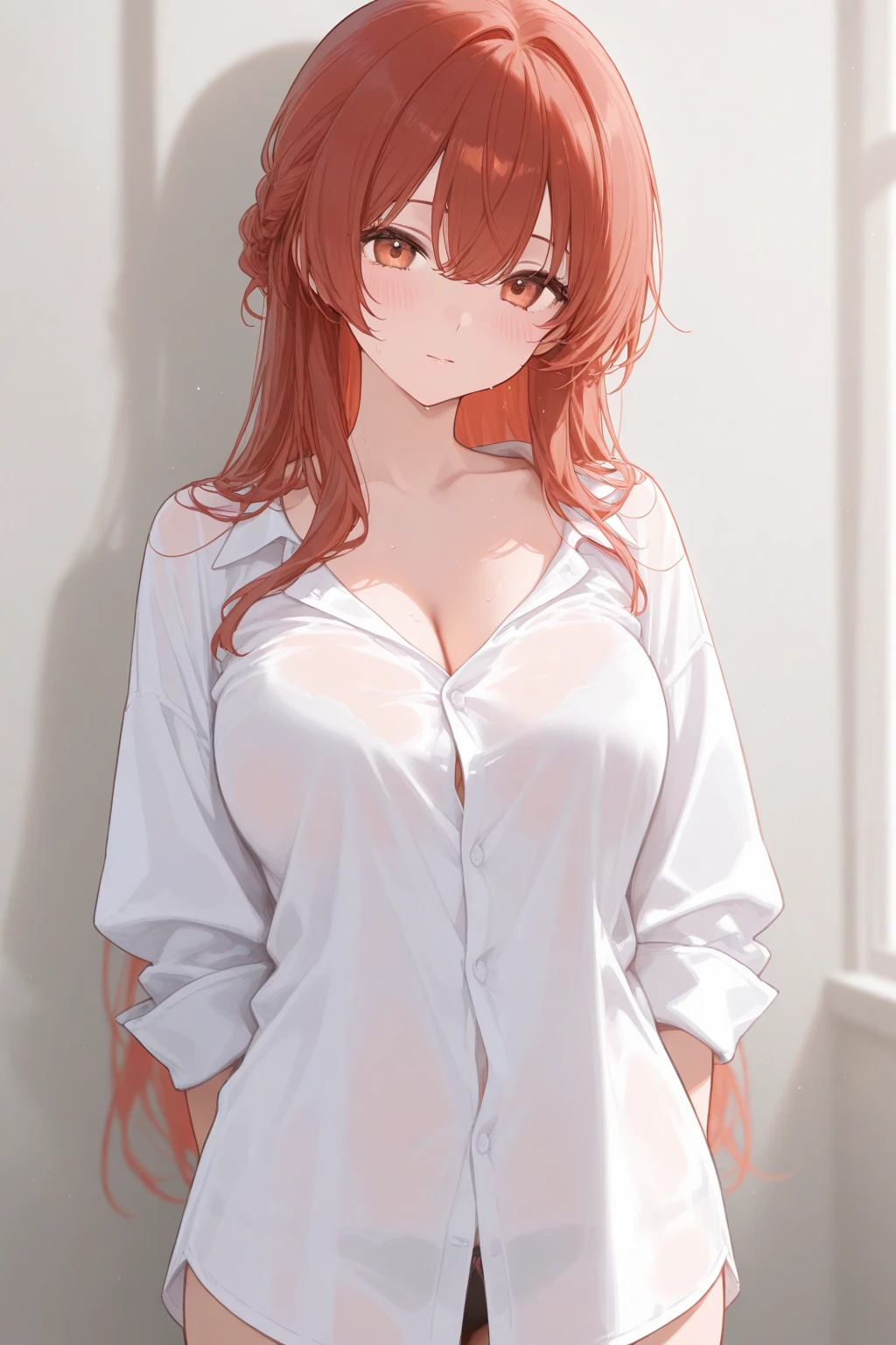 1 girl,no bra,shirt,White,red,eyes,Gradation,masterpiece, best quality, very aesthetic, absurdres