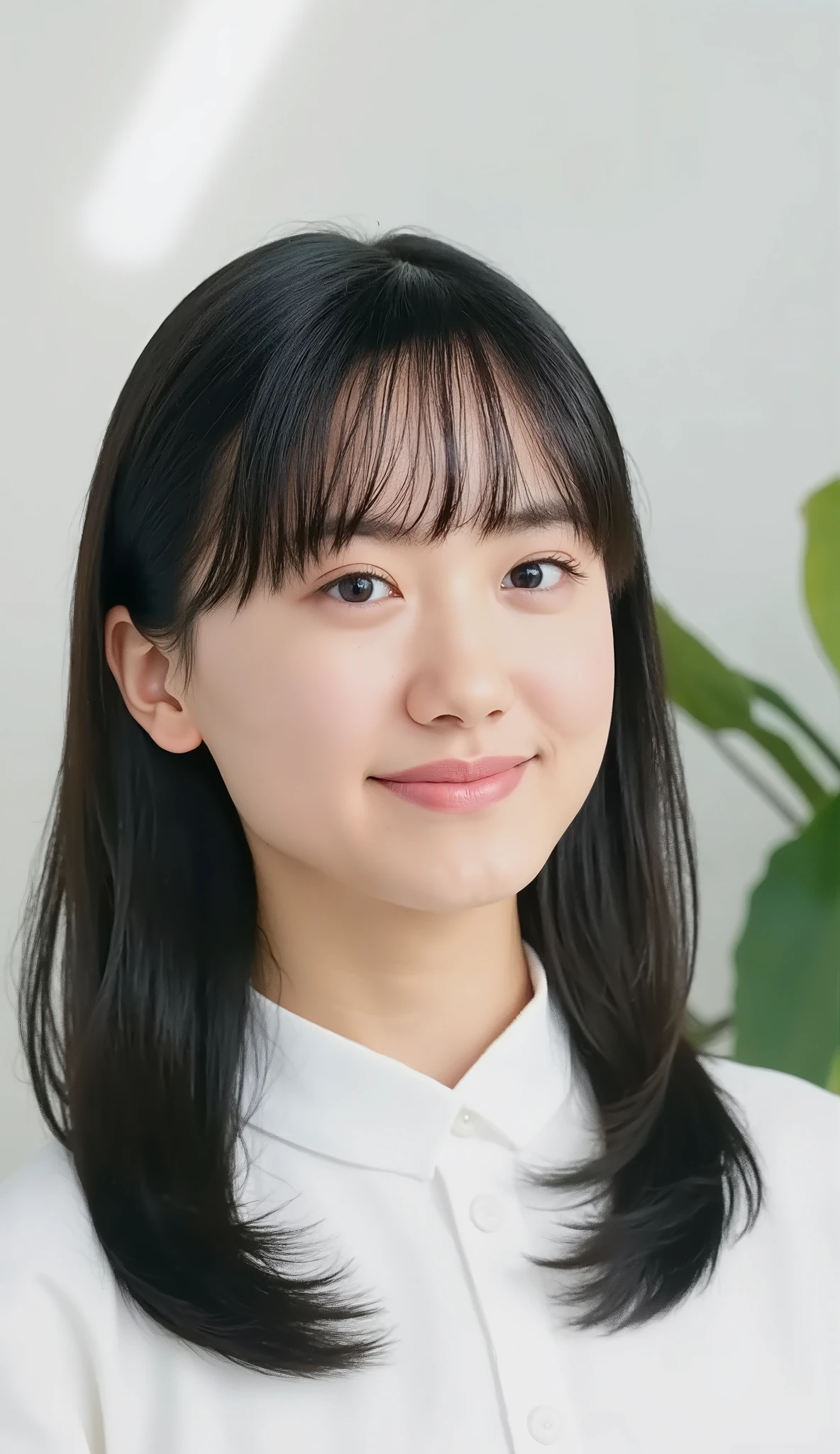 Neat Young Woman、and look at the camera、office lady suit、jacket、shirt、necklace、ear piercing、薄い茶髪、smile showing teeth、背景はオフィス