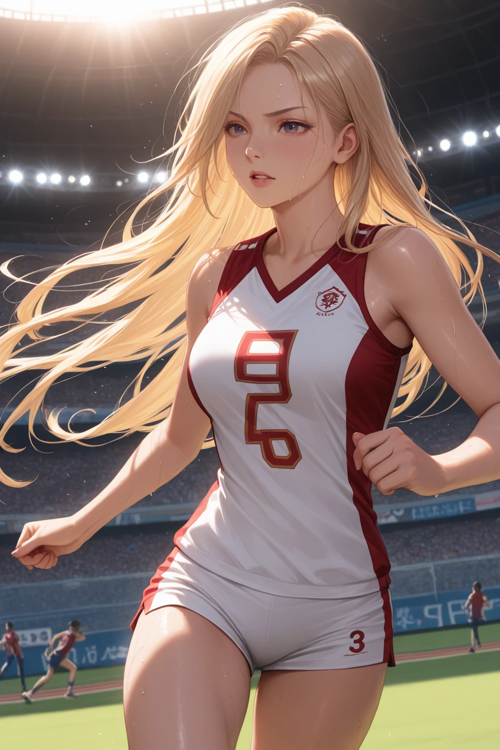 masterpiece, best quality, 8k, best light, shadows, perfect anatomy, front view perspective, looking at viewer, posing, 1 girl, 26 years old, mature, europe girl, blonde middle hair, straight hair, pretty eyes, black eyes, tight sport shirt, tight short, stadium night background, 
