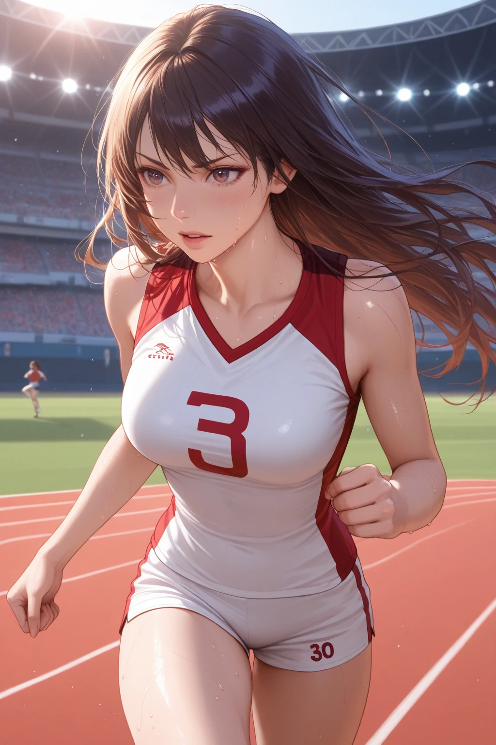 Masterpiece: 1.2, Best Quality), Realism, (Real Pictures, Intricate Details, Depth of Field), (1girl, Solo), Makeup, Lips Parting, High Detail, Perfect Face, (Huge Tits: 1.4), (Skindentation), Thick Thighs, Wide Buttocks, Thin Waist, Tall, Coral Lips, Blue Eyes, Ponytail, (Girl Playing Volleyball, Red Volleyball Uniform), (Sweating: 1.2), (Wet), Sexy, Blushing,