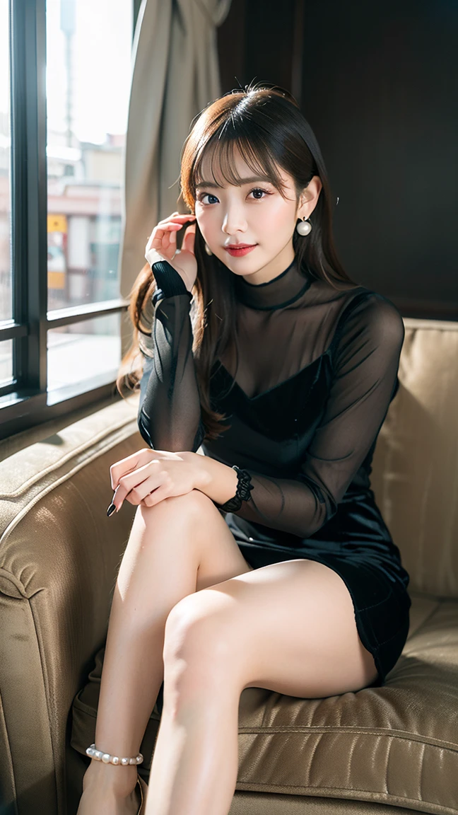 A woman in a black dress sitting on a white box, Summer all over the body, stunning elegant pose, (super realistic pantyhose:1.2), full body photo shoot, gorgeous chinese model, エレガントなattractive pose, With a thin waist, A tall and slender beautiful goddess, gorgeous fashion pose, korean female fashion model, sexy gown, attractive pose, glamorous pose, young sensual graceful