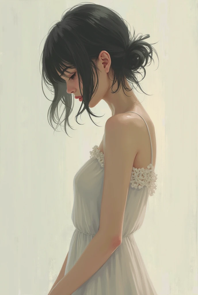 (view from back) woman Lying on stomach with hands propping up head, (shirt, tie, pants:0.5) (detailed realistic face), (((hyperdetailed))), zoomed out, symmetrical face, detailed pupil, expressive eyes, makeup, real photography, modern look, Real photography (Realisitc:1.5), han Sooyoung, tears, disbelief, crying, short hair, best quality, masterpiece, ultra-detailed, emotional, illustration, realistic tears, intense sadness, disheveled hair, streaming tears, runny mascara, tear-streaked cheeks, trembling lips, pained expression, reflection of sorrow, teardrops falling in the foreground, powerful and moving composition, capturing the rawness and vulnerability of crying, sniffling, blushing, short hair, sharp eyes, lip biting, blood on lips, begging, desperate, disheveled, messy hair