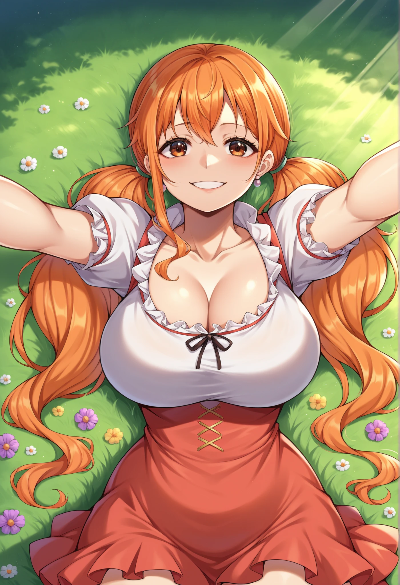 2d, masterpiece, best quality, anime, (3heads:1.5), highly detailed, 1girl, solo, cowboy shot, nakano yotsuba, orange hair, hair bow, crop top, open cleavage , miniskirt, very huge breasts, standing, three headed girl, outdoors, smile