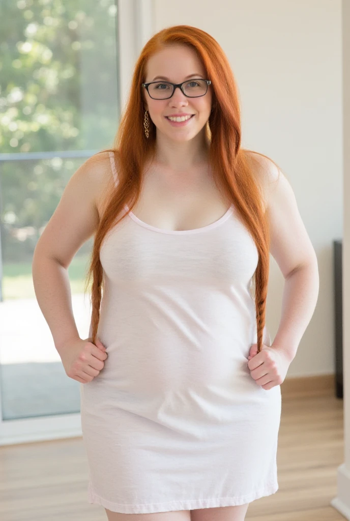 a girl with red hair, chubby and short, white color