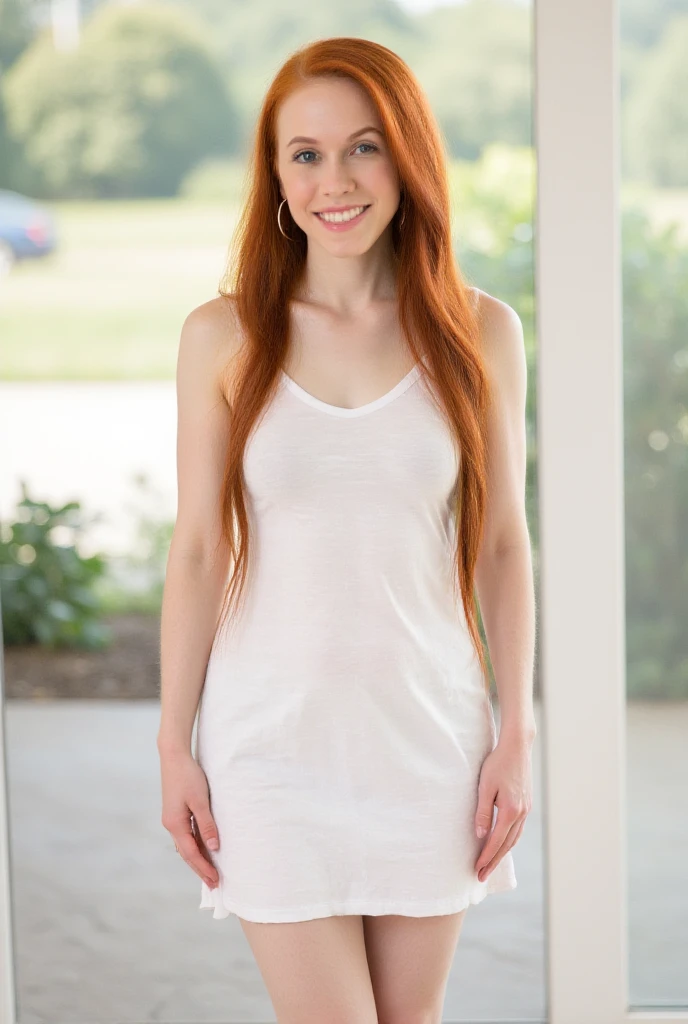 A stunningly beautiful woman, white-skinned, red-haired, with beautiful eyes and a smile, confident, perfectly shaped, sporty, dressed in a dress in front of a restaurant