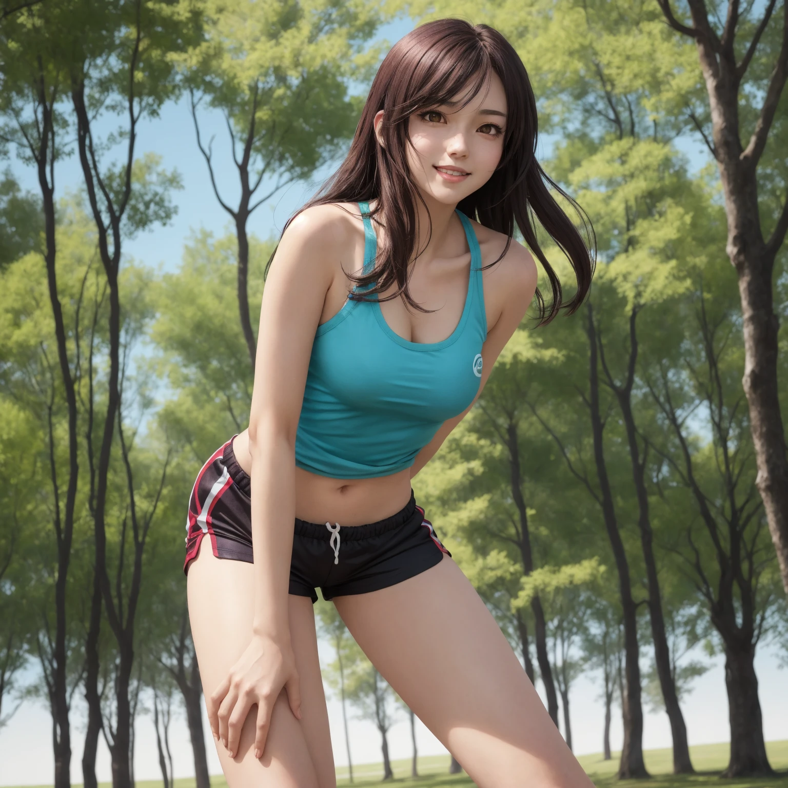 high quality, 8k, realistic, correct anatomy, perfect proportions, 3d, side view, full body, professional lighting, best light, one beautiful girl, narrow waist, shorts, bikini, schoolgirl, outdoors, tall stretch,