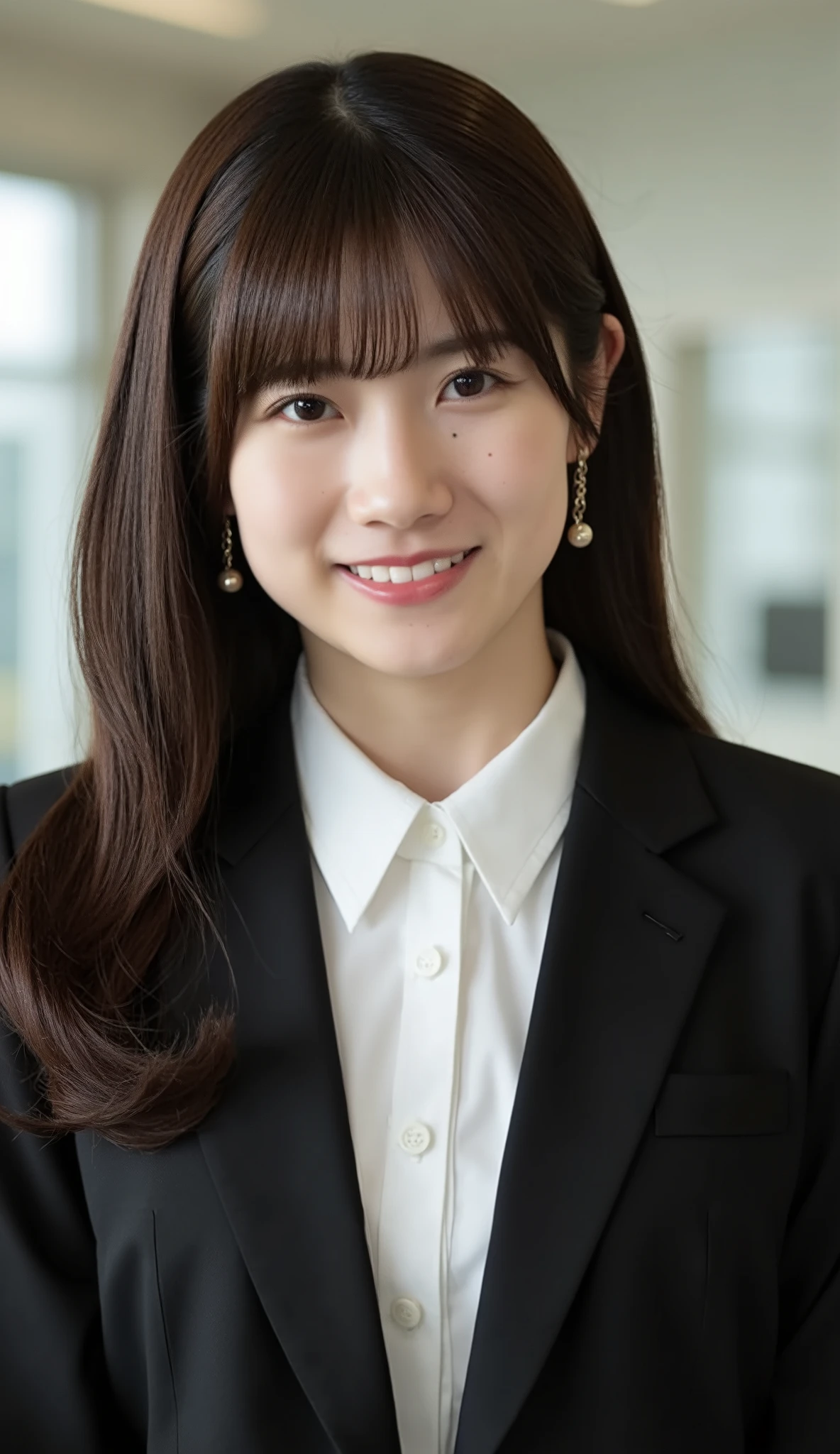 Neat Young Woman、and look at the camera、office lady suit、jacket、shirt、necklace、、ear piercing、、Has bangs、smile showing teeth、薄い茶髪、Bust Up Shot、background is office