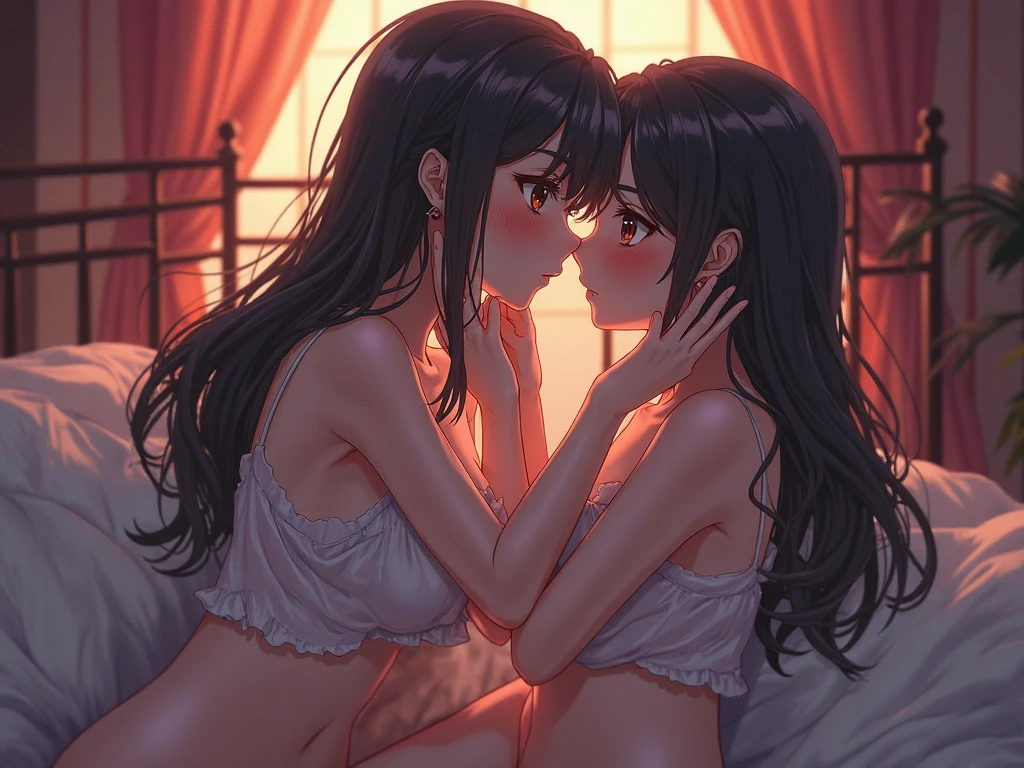 Three lesbian anime cat girls in bed