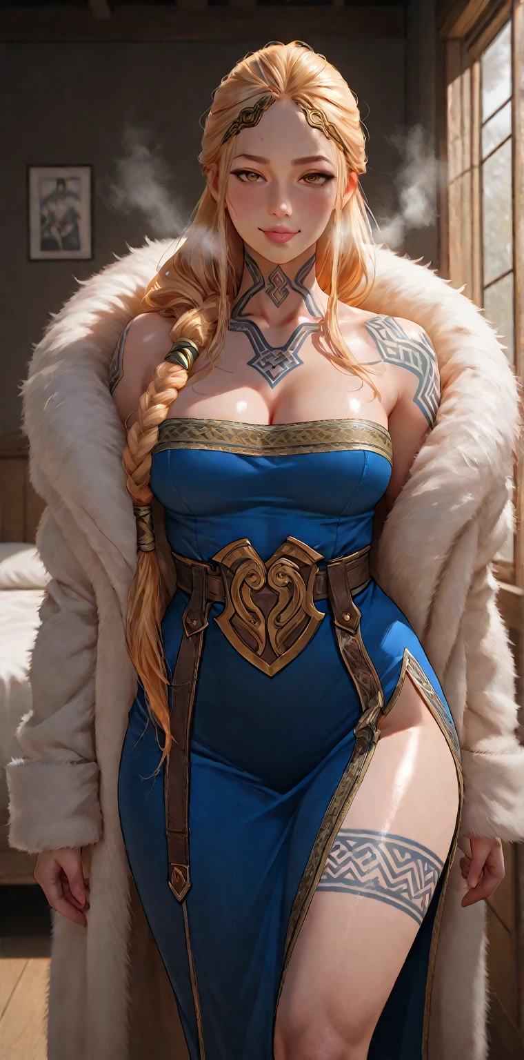 (best quality,4k,8k,highres,masterpiece:1.2),ultra-detailed,(realistic,photorealistic,photo-realistic:1.37),(full body portrait),hair ornament,textured skin,1woman,beautiful detailed eyes,beautiful detailed lips,extremely detailed eyes and face,long eyelashes,(sparkling eyes),(looking at viewer:1.4),artoriaLancer,(gigantic breasts:1.4),{braid},((blonde hair)),(gold crown),(turtleneck),(cleavage cutout),(sleeveless leotard). (blue leotard:1.37),(puffy cameltoe),elbow glove,((blue thighhighs)),(red velvet cape),gauntlets,(white fur trim). edgQuality,antiBlurV2,CR1.3, fantasy background