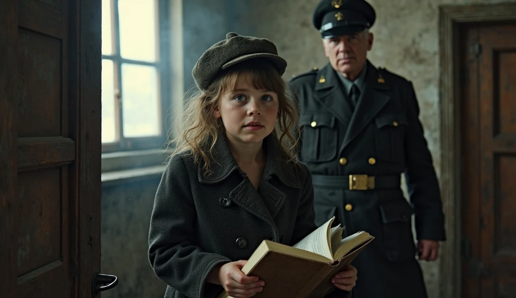Molching, Germany, 1940. ((((11-year-old)) Liesel Meminger)), very thin, kind, big-hearted, dangerous dark eyes, sneaky, stealing a book from the pile of ashes, rests of a big fire in the town square, smoke, ((guilty and nervous expression)). ((((poor casual clothings from the 1940s)))), ((dark-blond hairstyle of the 1940s))