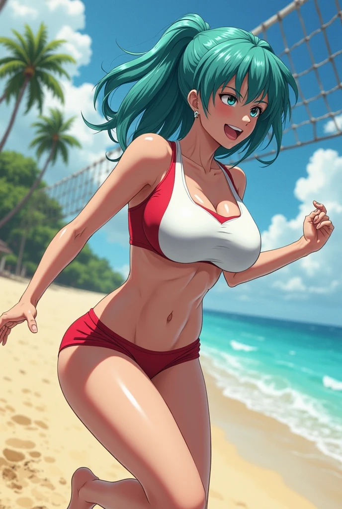 1girl, 2solo focus, Beautiful anime portrait of a curvy woman with long sea-green hair playing beach volleyball and wearing a red one-piece bathing suit, windswept hair, grinning, tanned skin, 26 year old woman, sweating, sand, sunny, beach, ultra detailed, masterpiece, 8k, volumetric lighting, dutch angle