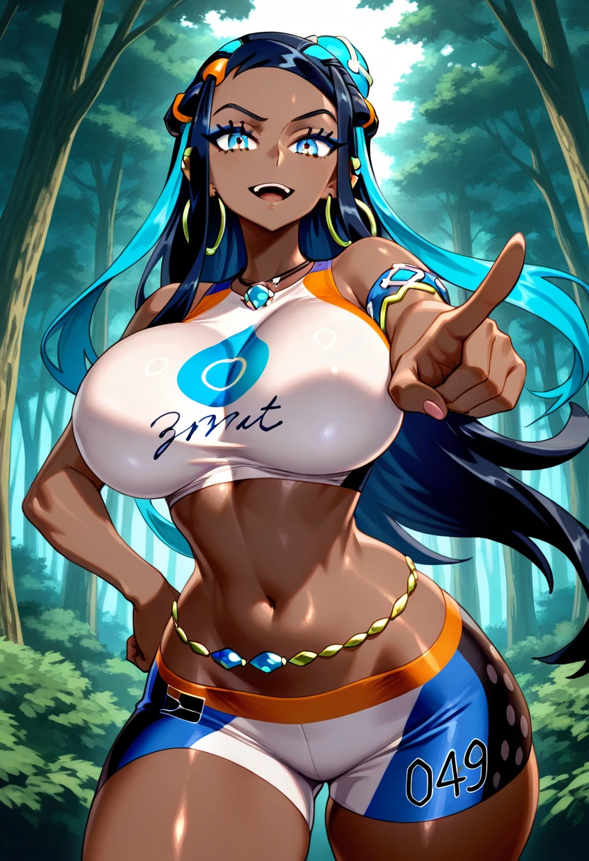 ((masterpiece,best quality)), absurdres,
Nessa_Pokemon,
1girl, solo, dark skin, blue eyes, black hair, blue hair, two-tone hair, shorts, crop top, jewelry, necklace, earrings, belly chain, armlet, midriff,
solo, smiling, looking at viewer, low angle shot, seen from below,
cinematic composition, contrapposto, tropical beach, huge breasts, underboob, sun