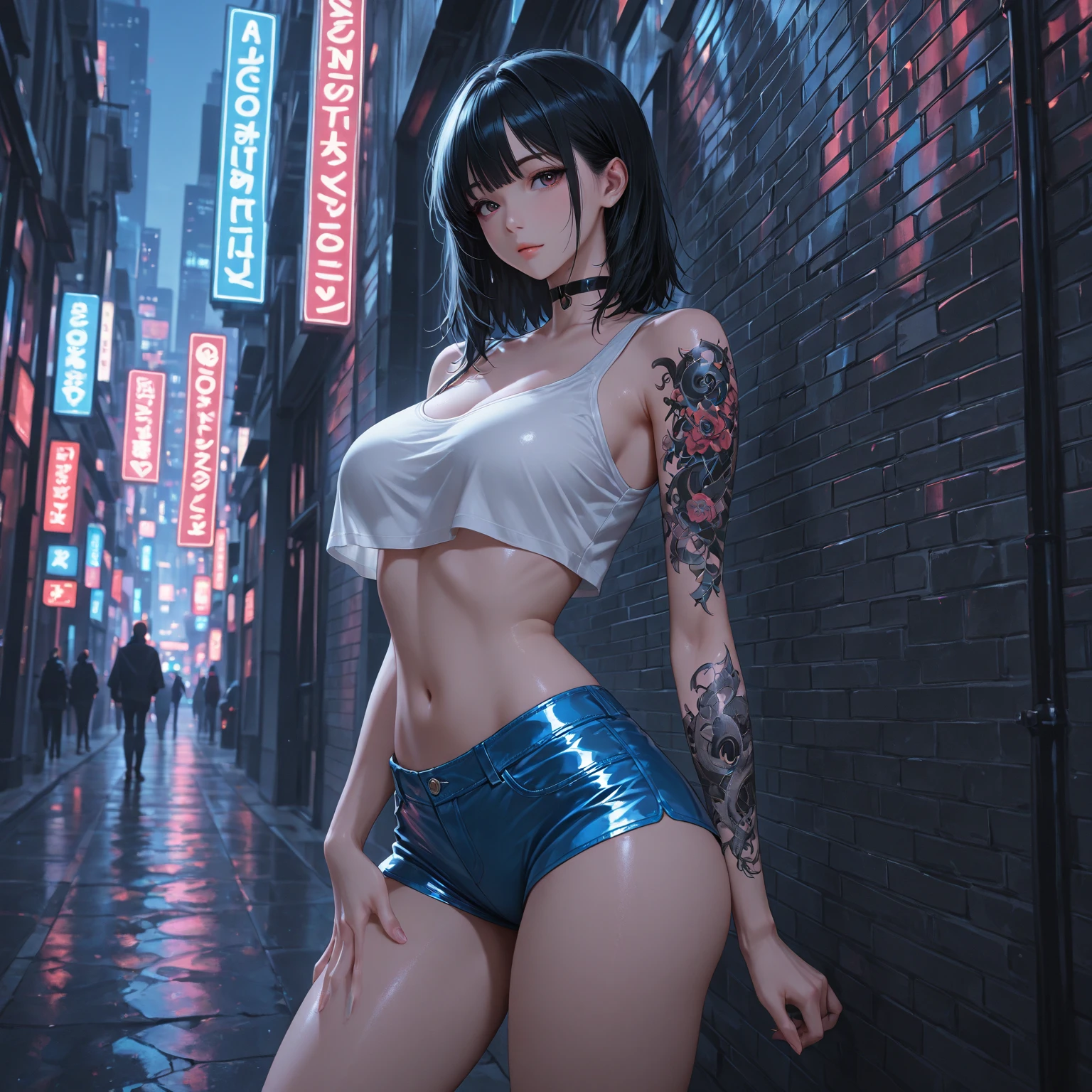 A close-up portrait of a girl, Classic Bob, incredible body, Pronounced feminine features, blue hair, Pieces, Flirting with the camera, full body, City background in night neon, bikini, tattoos, showing her ass to the camera