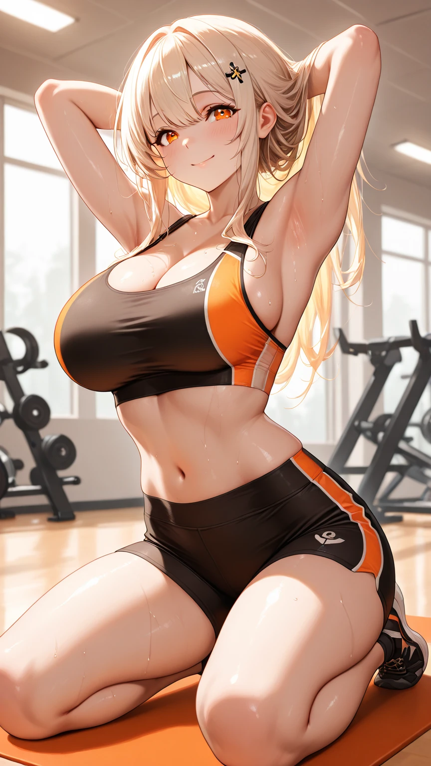 Anime girl big boob
Very tight bra
Yellow hair
In gym