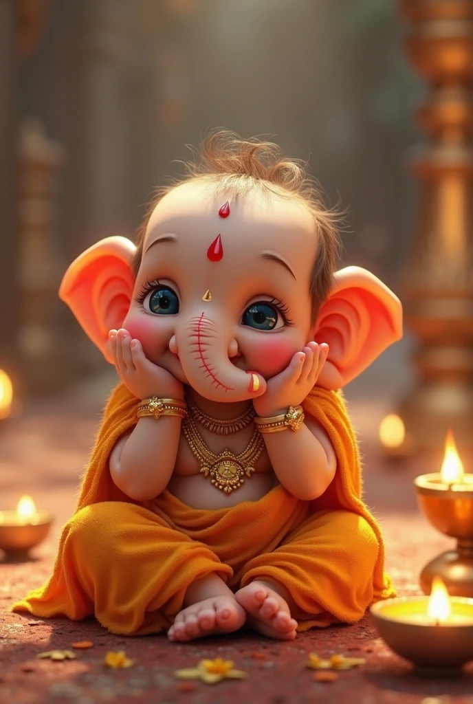 (photorealism:1.2), A cute baby Ganesha with all the detailing the Ganesha have........Capture him snuggled up with his favorite blanket, eyes half-closed, yawning or about to fall asleep....background is dramatic and cinematic which enhance the Ganesha looks