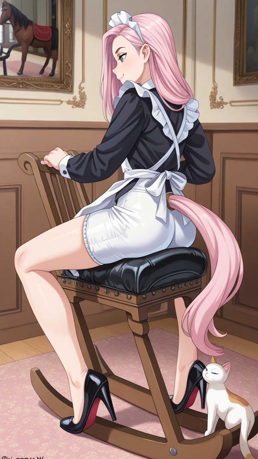 Young girl with pink hair, long twintail hairstyle, small bushy eyebrows, wearing gothic lolita clothes, lolicon (Zankuro) drawing style by zankuro artist, Zancrow style, image uploaded in R34, walking in the mall, flirty smile , suddenly having sex in public, sitting on your side ((public sex in a restaurant)) ((lying on her side))