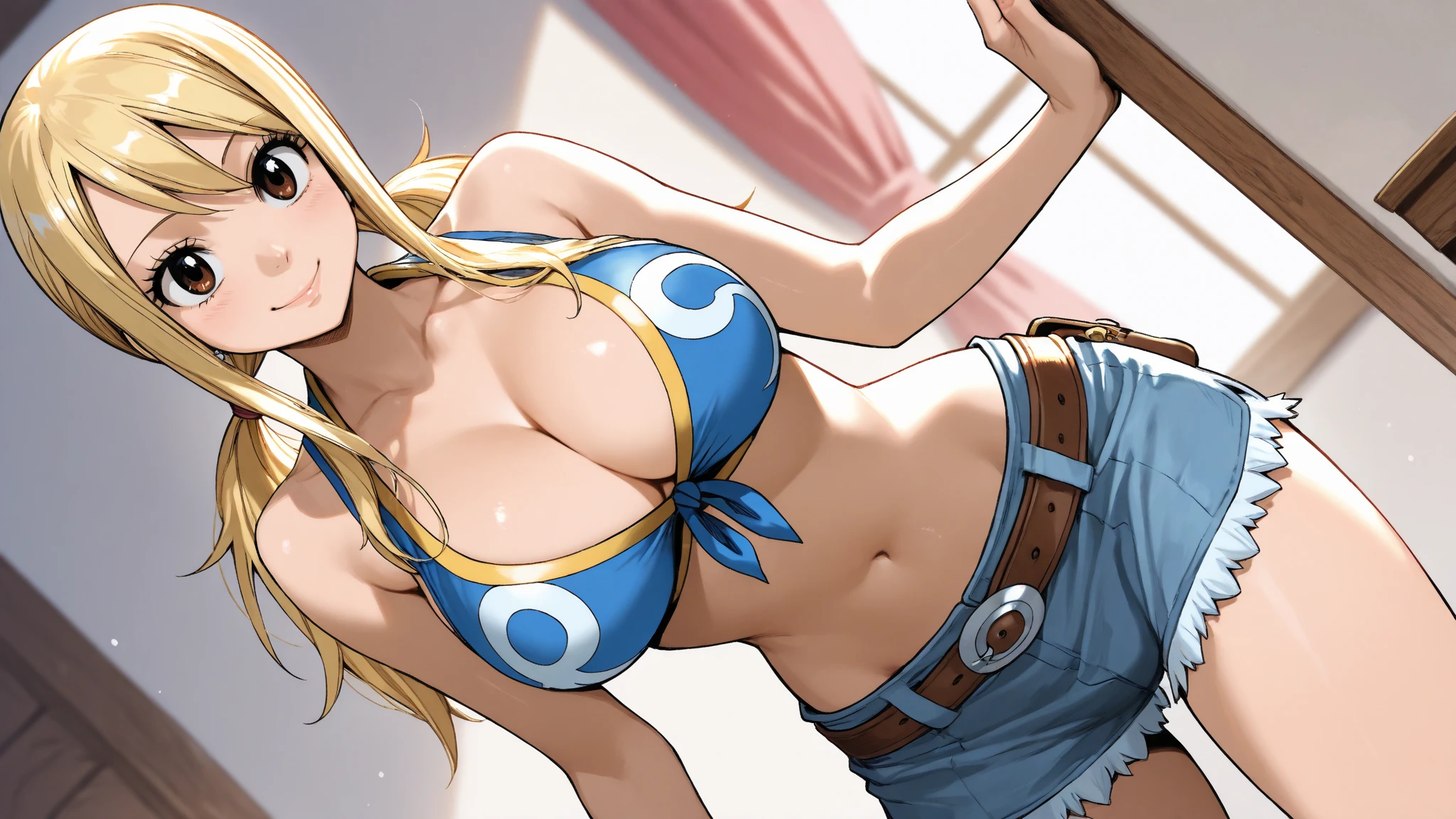 (absurdres, 8k, 4k, masterpiece, hyper extreme detailed:1.2), solo, cowboy shot, half body, perfect anatomy, 1girl, side view, perfect face, 1girl, portrait, looking at viewer, solo, standing, Female, toned body, mature female, large breasts, america, american, friendly, hero, heroic, kind, brave, american flag, patriot, patriotic, blonde, messy hair, long hair, blue eyes, smile, jean shorts, ponytail, wide eyes, baseball cap, perfect anatomy, messy hair, hair covering forehead, swept bangs, 1girl, solo, Blue sky, red, white. blue, shorts, messy hair, perfect anatomy, blonde hair, wide smile, happy shorts, american bikini, america bikini messy hair, bound, bondage, (arms behind back:1.4), bdsm, shorts, t-shirt, messy hair, short, large bust, large breasts, big breasts, forward view, shibari, bondage, bdsm, rope, gagged, gag,
