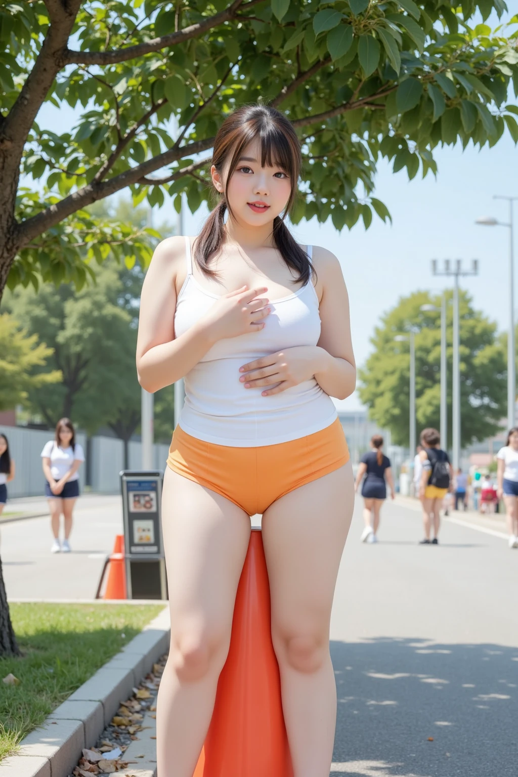 (Canon RF85mmf/1.2,masterpiece,Highest quality,Ultra-high resolution)((美しい太めのムチムチしたギャル女性20-year-oldソロ)) ((Highest quality、8K、masterpiece))((Photogenic quality:1.5))A plump, chubby body、((Plump round face))Highly detailed CG Unity 8k wallpaper, Highest quality, Super detailed, masterpiece, Realistic, photo Realistic, Highly detailed cute girl, 20-year-old, (Skirt flip), ((Her super mini skirt was blown up by the strong wind, exposing her panties)), White panties , Panty Focus, A happy smile showing teeth, Part your lips, View your viewers  , Full body portrait , Tight T-shirt  , (crowd), (crowded park) , short hair