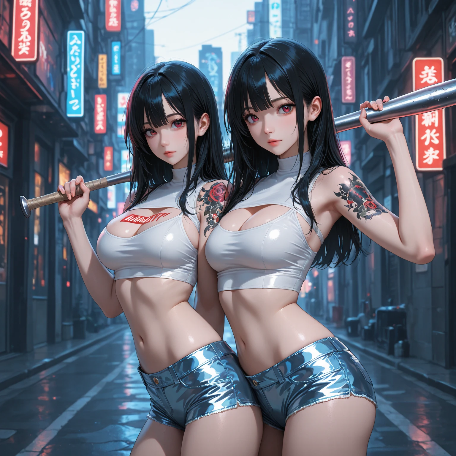 Big breasts ((1 sexy yakuza mafia girl)) stylish black hair with blunt bangs)) ((double hair buns)) ((Green eyes, perfect eyes)), extremely sexy body, ((wears a wet white sweatshirt open on her large breasts)), skirt made of tailored fabrics, light and soft fabric)) her large breasts take shape in the wet blouse, ((leg holster)) sadistic and frightening expression, ((masterpiece, ultra detailed, superior quality )), ((realistic)) she is sitting in a cannabis growing laboratory, a lots of cannabis plants in background, legs crossed, look of superiority, body defined and a little toned, ((((she has a tattoo that starts on her thighs and goes to her navel))) ) (((she is a yakuza boss)))