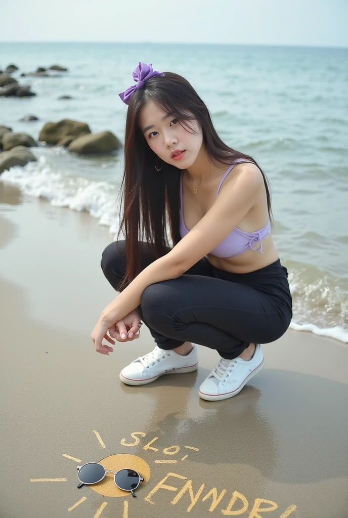 Female high school student with stone textured skin sitting on the beach fishing，sandbeach，hooked fish，High school girl&#39;s soles，elf-like ears