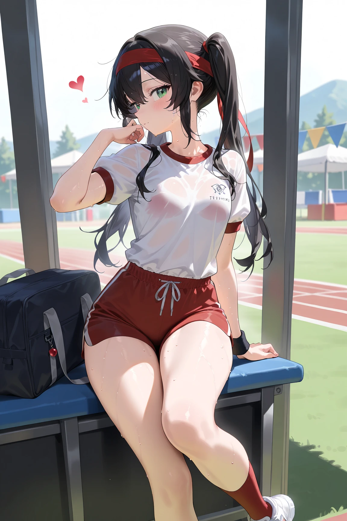 ((table top, highest quality, High resolution, nffsw, perfect pixel, 4K, nffsw, nffsw))), 1 girl, single, alone, Kanaotsu Yuri, Kanao Tsuyuri, black hair, butterfly, butterfly hair ornament, (purple eyes:1.1), side ponytail, ponytail , ((gentle smile, blush:1.2)), ((smooth texture:0.75, realistic texture:0.65, realistic:1.1, Anime CG style)), medium breasts, ((full body shot))、 slender body, ((Gym Uniforms、紺bloomers、bloomers、volleyball clothes))、gym、sexy pose
