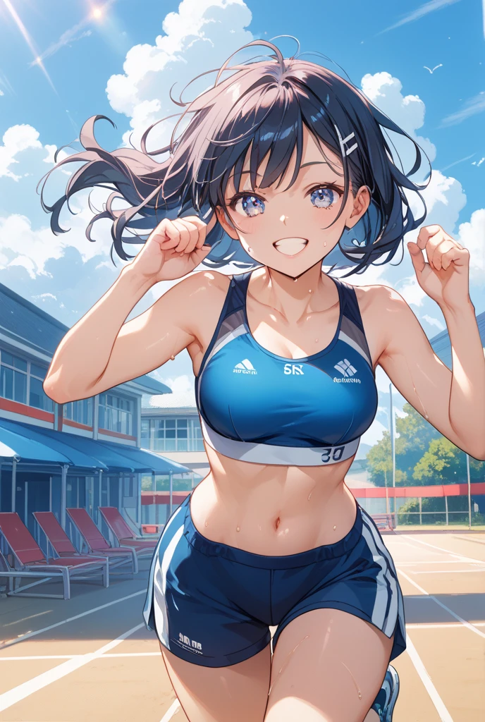 Highest quality、High resolution,  Woman in sports bikini、、Slender Line、Running in the schoolyard、Running in the schoolyard、Sweat、Like a model, (Photo 1: View from below:1)、Sweat dripping、