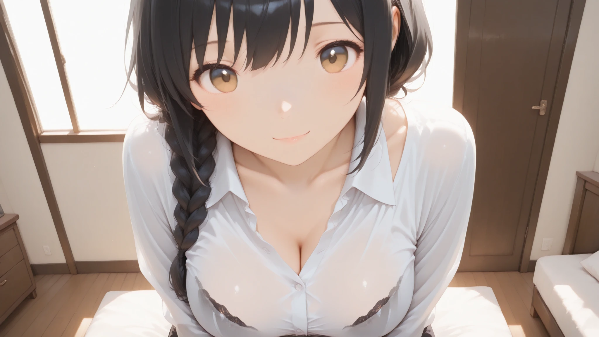 ((table top, highest quality, High resolution, NFSW, perfect pixel, 4K,))), Beautiful woman、I could see the whole body、From ankle to head、 (( beautiful eyelashes, realistic eyes)), ((detailed face, blush:1.2)), ((smooth texture:0.75, realistic texture:0.65, realistic:1.1, Anime CG style)), big breasts, dynamic angle, perfect body, ((Wet)), leaning forward、Sat down、Female dog:2、sensual look、((Utena、柊Utena))、