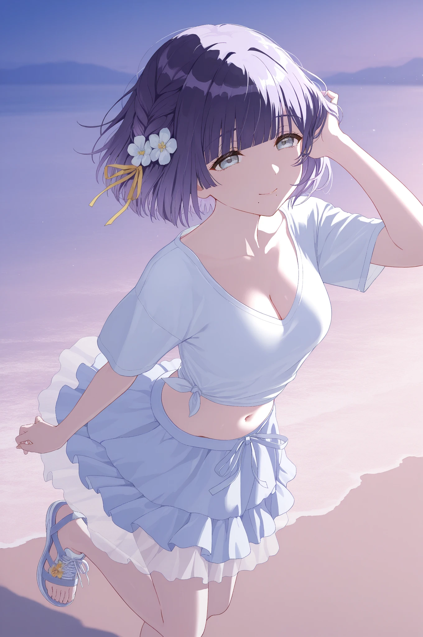 a woman with colorful hair in a beautiful spring dress, outdoor, on a magazine cover, wearing a transparent short skirt, spaghetti straps, sheer fabric, wide hips, slim waist, smooth and delicate skin, (best quality,4k,8k,highres,masterpiece:1.2),ultra-detailed,(realistic,photorealistic),detailed eyes,detailed lips,extremely detailed eyes and face,long eyelashes,intricate details,beautiful fashion,vibrant colors,natural lighting,cinematic,editorial style