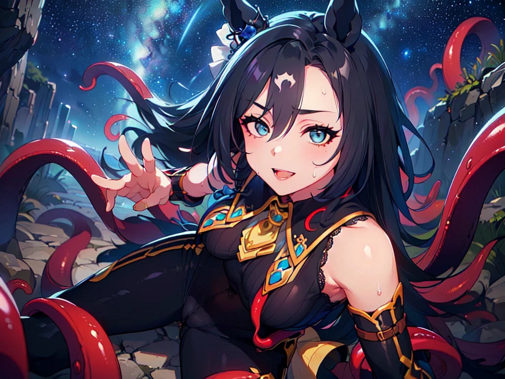Woman with a princess face, baby blue clothing with black, gold skirt, amethyst laser, Tiger Eyes. silver bracelet. brooding , dressed as a warrior with a red crown with a black stone. Oriental temple setting. Meteor showers