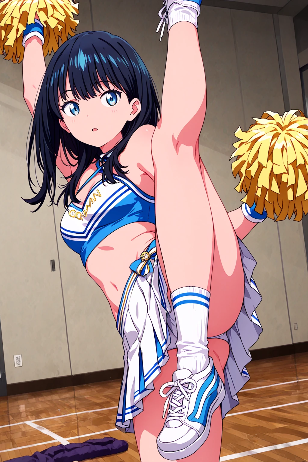 asagi,large breasts,cleavage,erected nipples,long hair, ponytail,blue hair, hair between eyes, sidelocks, purple eyes,looking at viewer,(highres, high quality:1.1), intricate details, cinematic lighting,get sweaty ,sweaty skin, (wet gleaming skin:1.1),spread legs, (cheerleader, crop top, ultra miniskirt, bare shoulders, standing), outdoors, stadium, sunlight, bright sky, blue sky with clouds, winds, god rays, light rays, ,(red blush,crying),show off pussy,(no panties:1.2),(metal dog collar:1.2),from below,detailed legs, (standing on one leg:1.2), (standing split:1.3), muscular, hand holding one leg up