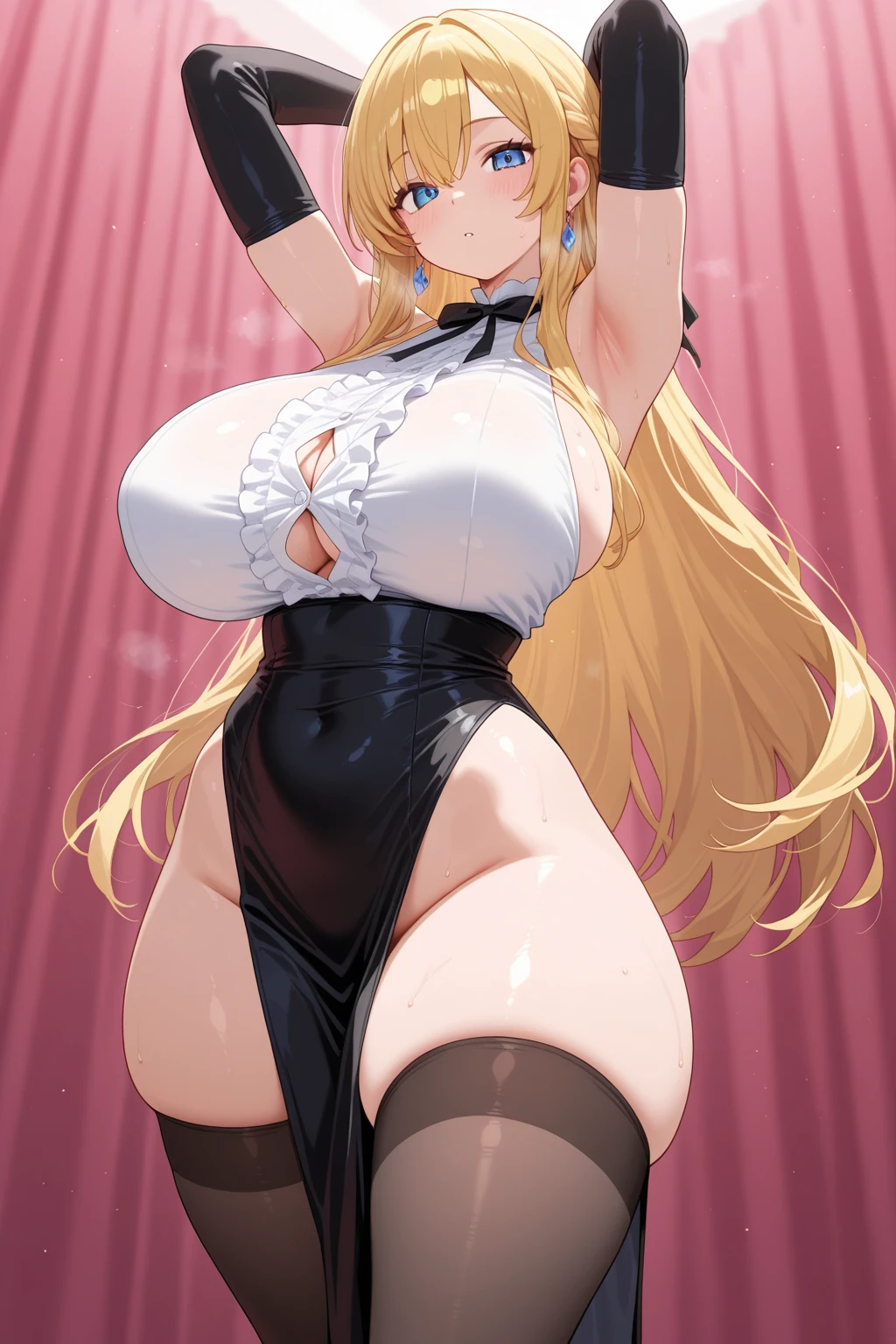 (Highest quality). (Ultra-detailed). (One girl), View the viewer. (Detailed Background). Beautiful and fine details. Delicate and beautiful face. (High saturation), Big breasted, Saggy breasts, Sexy Bunny Suit, Black Bunny Suit,Fishnet tights,fake rabbit ears,squat,Leg spread, (((Huge breasts))),(((oiled chest)))