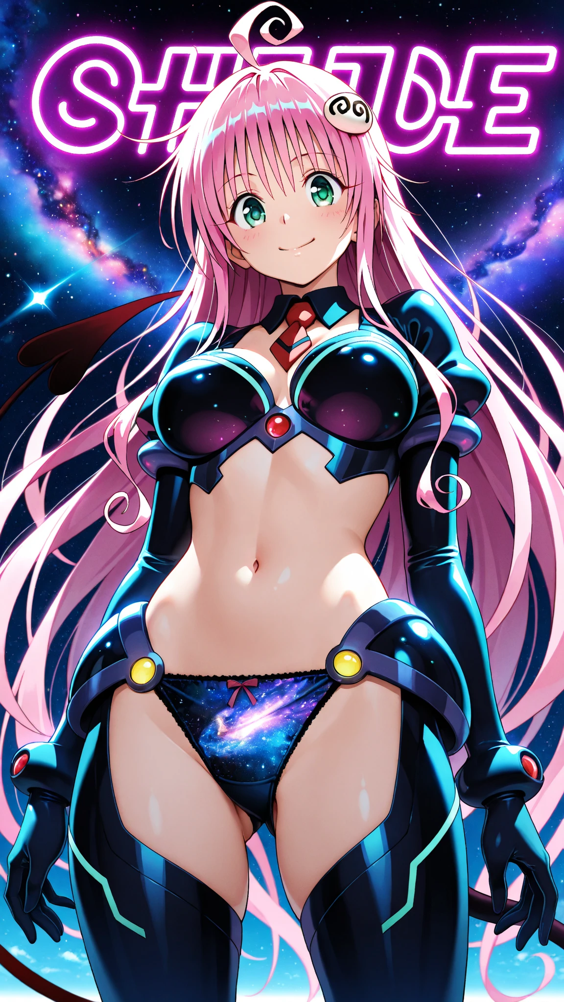 ((female)), (very messy hair), (happy smile), fangs, ((ripped abdomen)), toned arms and legs, small breasts, excessive sweating, (in space looking at planet earth), blue eyes, barefoot