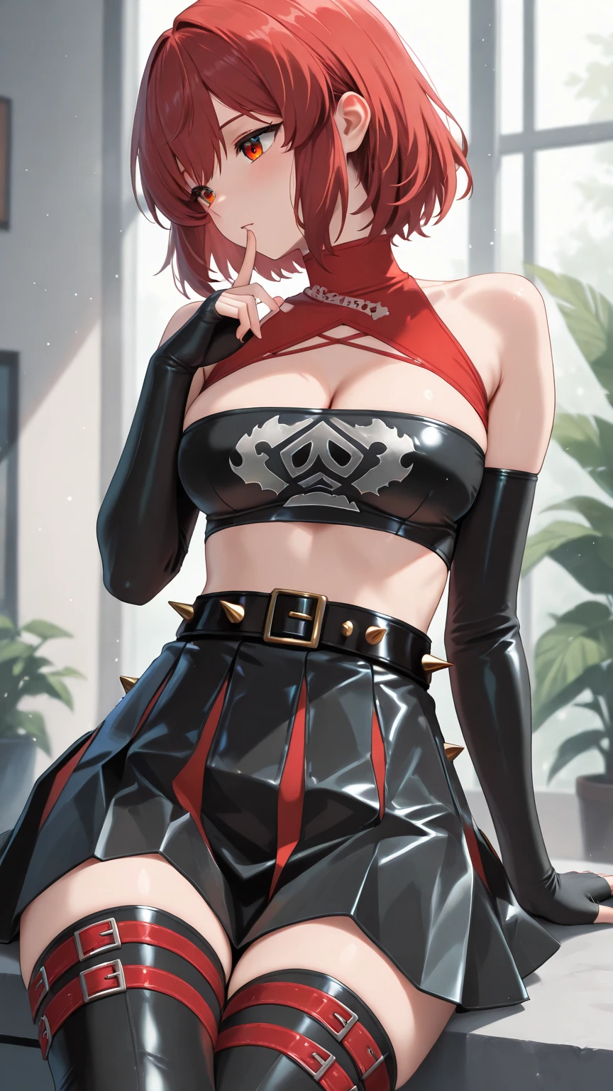 ((masterpiece)), ((best quality)), ((HD 4k)), ((brown skin)), ((perfect anatomy)), ((older woman)), woman, ((female face) ), Happy, smiling, mouth open, teeth showing, ((light red eyes)), Eyelid, Sclera, Iris, eyebrow, eyelashes, ear, nose, Big red hair, ((fringe)), ((hair details) ), ((light effects on hair)), ((phonk outfit)), black shirt details, black ripped short shorts details, ((lights effect on clothes)), ((body lights effect)), neck, Shoulders, ((big chest)), arms, ((thick legs)), ((big thigh)), background scenery, scary mood, horror scenery