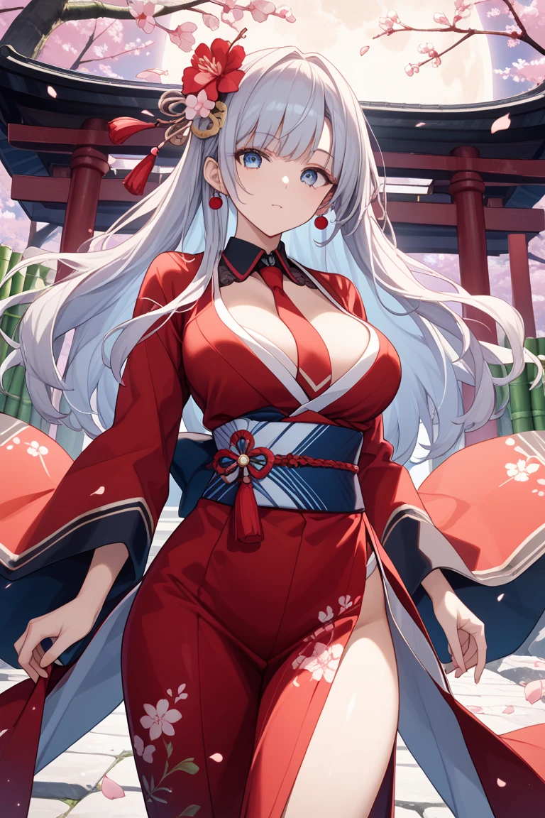 Erotic Anime Illustration、High resolution、Plump dark-skinned shrine maiden、Primitive costume、gray hair、perfect proportions、reimu hakurei、Overwhelming big breasts that go beyond common sense、thick legs with fat、big shrine、cowboy shot、spread your legs
