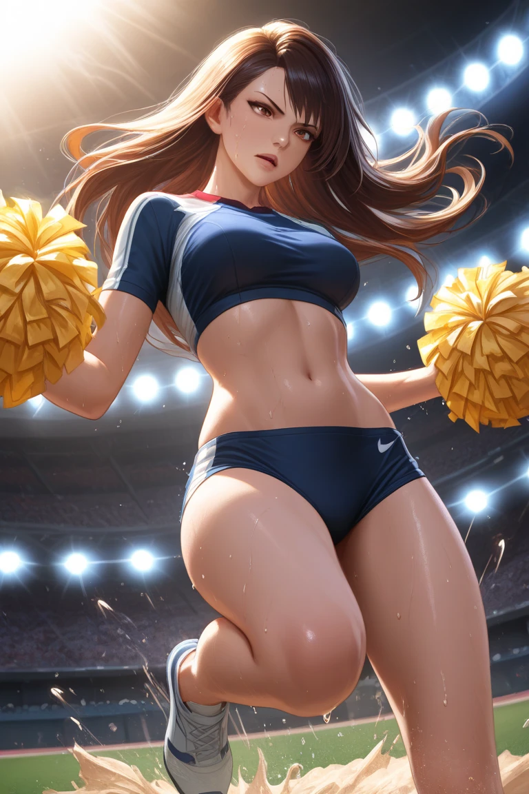 (Slutty cheerleader:1.4), (football field:1.3), (detailed background:1.2), (soft warm lighting:1.2), (highly detailed:1.4), 8k wallpaper, (detailed face and eyes:1.4), (transverse abdmominal lines), (wide hips:1.1), (even lighting:1.2), (colorful cheerleader outfit), (19yo girl), (tiny skirt:1.2), (skintight sleeveless crop top), (poking nipples:1.1), (exposed midriff), (underboob:1.3), (pelvic bones), (slingshot thong:1.3), (extremely detailed auburn wavy hair), blue eyes, (slutty make-up), (slender toned body), (wide hips), black lace choker, (oily skin:1.2), (exposed thighs), (big firm butt), (thong straps:1.3), (busty cheerleader with hard nipples), (enormous firm breasts).