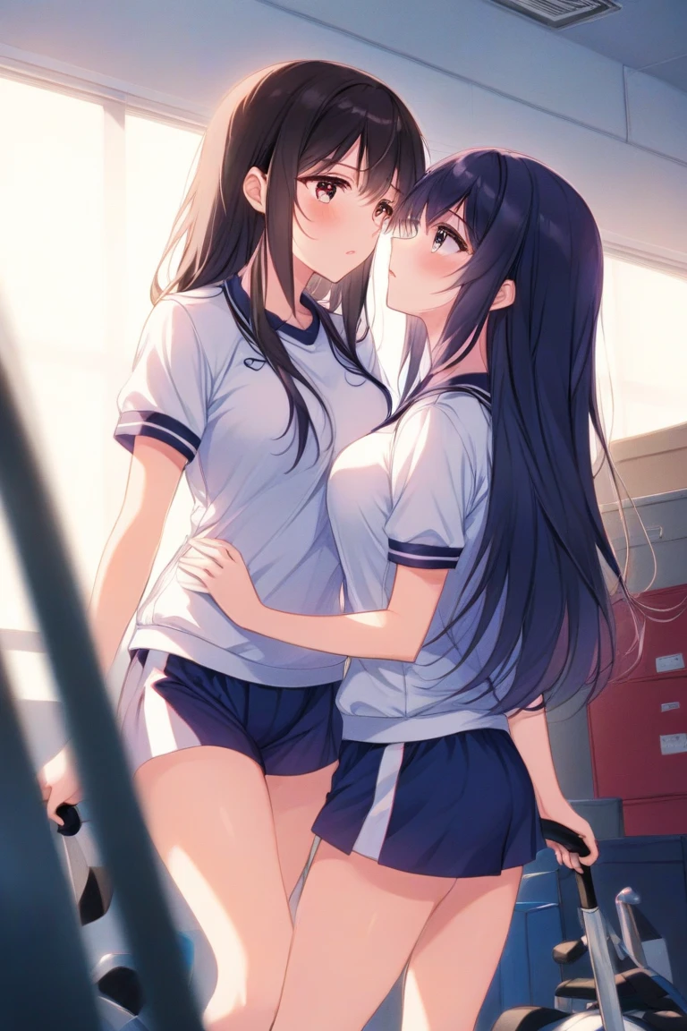 (masterpiece:1.2, best quality), (highly detailed:1.3), gym locker room, 2girls, 13yo, long hair,long legs, (white panties), white t-shirt, sitting on bench, spread legs, tired, hug, smile, sneakers, after training, bright, warm