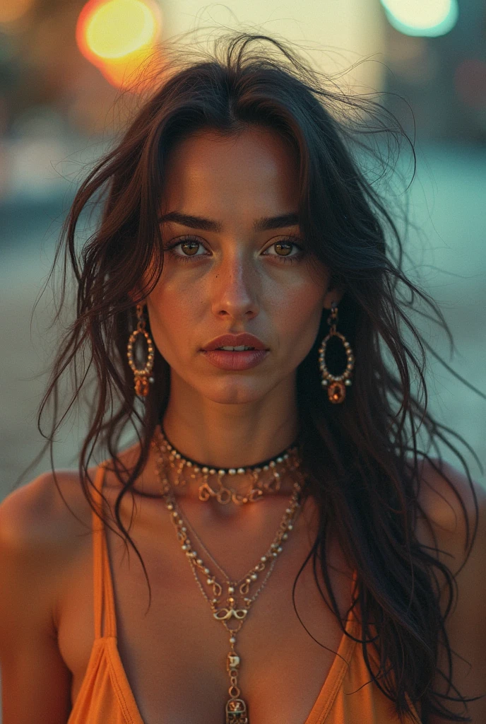 black woman, middle aged, stunning skin, brown color eyes, movie-quality image, 8k ultra-clear photo, latina, full body picture, sweat and gentle face, wearing swimming suits, adorned with African-inspired marks . She wears vibrant African-designed bikini, adorned with intricate beadwork, This highly-realistic image showcases the woman's very detailed facial features, with lifelike textures that bring out the depth and dimension of her features. The cinematic scene is further emphasized, she doesnt have tattoo, 9:16 format