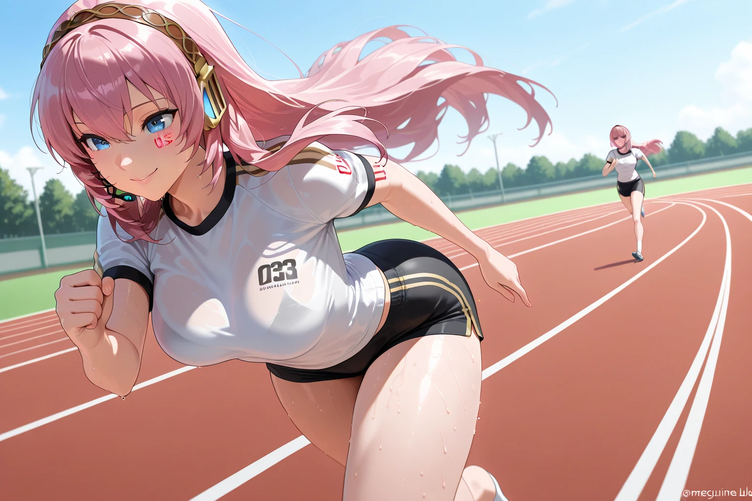 Masterpiece, super high quality anime style illustration, 8K, ((Olympic 100m sprint)), bright lights flying around, very beautiful 20 year old ((2 female athletes)), ((2 beautiful girls)) ((running in front of the camera))), ((serious expression)), colorful hair, ((highly detailed face)), perfect make-up, colorful eyes, pink lips, sportswear, average breasts, cleavage, beautiful legs.