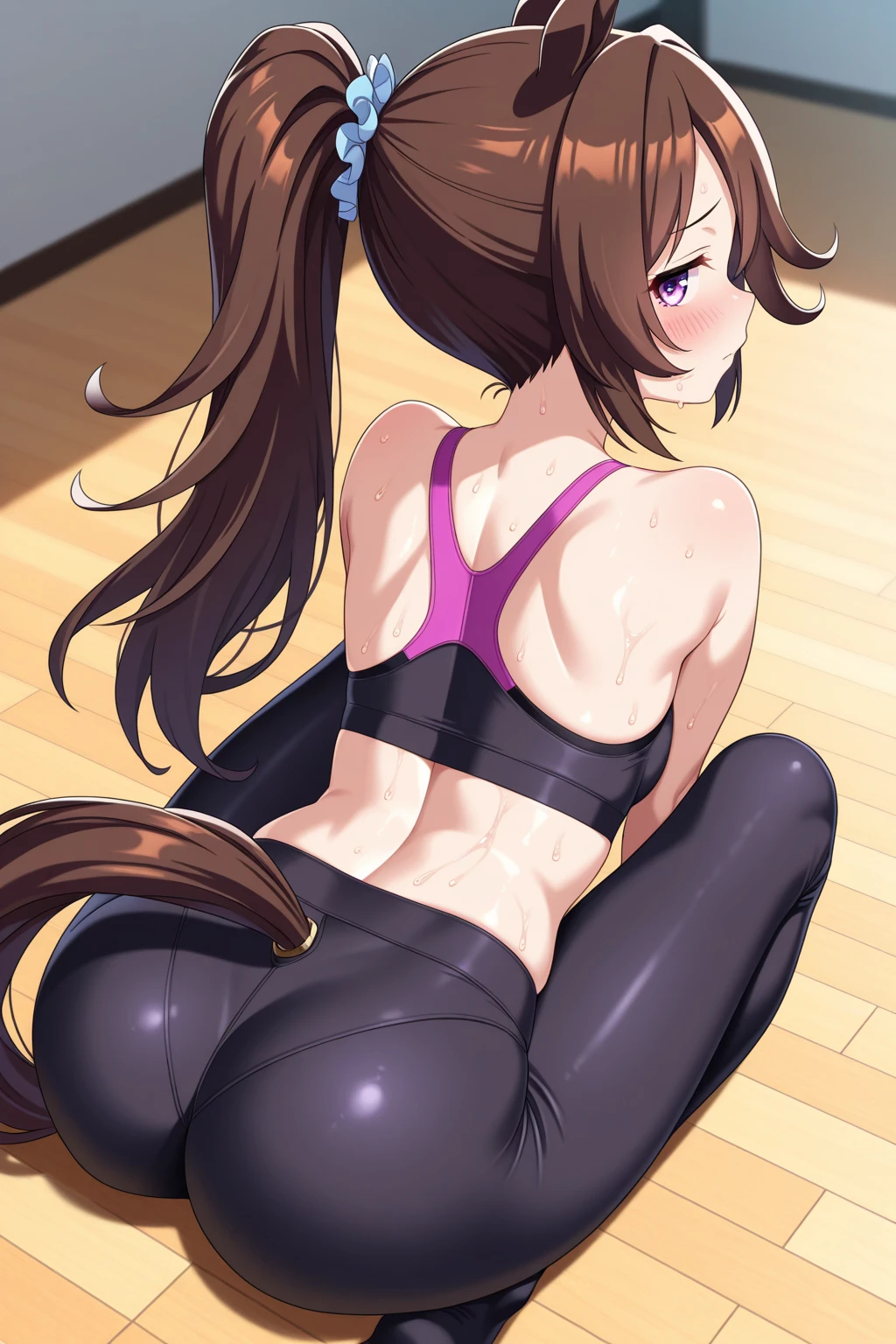 human, ((1girls)), 18 years old, beautiful, ponytail, brown hair, black eyes, black yoga outfit very short, Z cup breasts, tight shirt, ((brown skin)), fair body, 1m78, deserted, ((Takeda Hiromitsu style)), Pov Grab Ass, startle, 