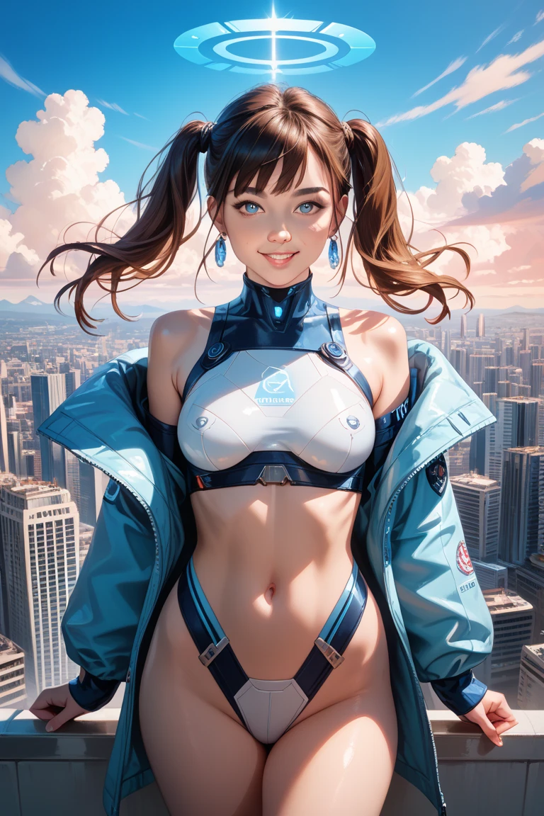 POV: (((Huge breasts))) Riley Reid as a sexy ((futuristic cop)), skinny, slim thick, small waist, 8k, UHD, (curvy accentuated body), smiling, at a street, (at night), ((futuristic world)), ((futuristic police suit)), blue hair, beautiful face, masterpiece, ultra-realistic, ultra-detailed. (naked )