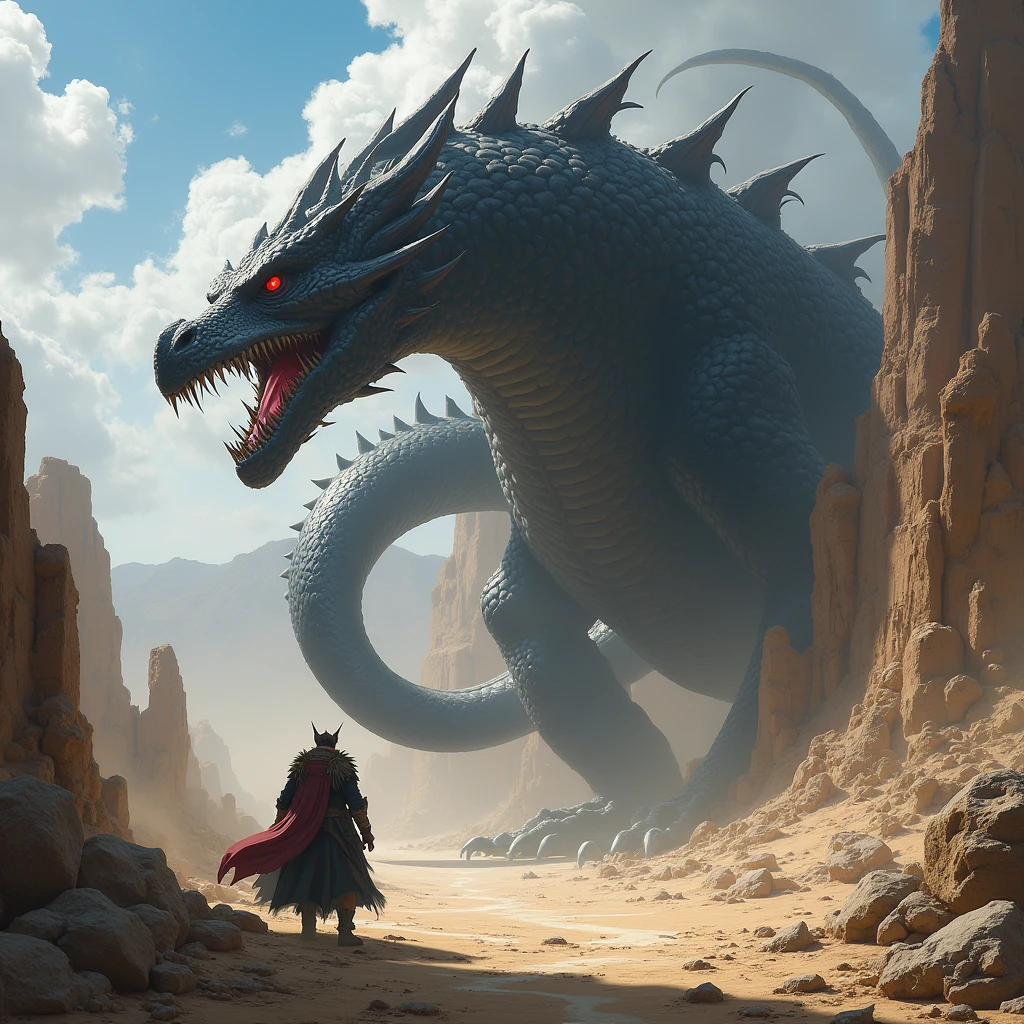 masterpiece, illustration, ((huge military Babel fortress made of carved stone, standing in a distant desert land)), (Tower of Babel), light blue sky, sunlight, foggy road, shadows, dark grass with stones, uninhabitable, barren land, nature, (mountains), desaturated, (little girl in dark blue coat walking towards the castle in the distance), medium-length red hair, Moscow, USSR, (black dragon with red eyes flying over the fortress)