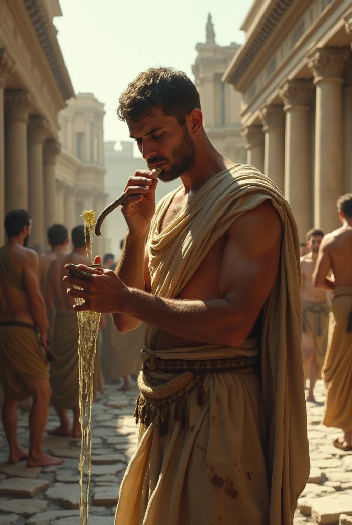 Depict David from the Bible as a youthful, athletic figure with a determined expression. He is standing in a dynamic pose, about to sling a stone towards Goliath. Use the following tags for the image: (RAW photo:1.2), ((photorealistic:1.4), (masterpiece:1.3), (best quality:1.4)), ultra high res, (detailed facial features), (detailed clothes features), HDR, 8k resolution, skin tight, (shiny skin), (extreme detailed illustration).
David is shown in a full-body stance, wearing simple, skin-tight clothing, with his skin slightly shiny, reflecting the tension and focus of the moment. His face is clean-shaven, with no beard, highlighting his youth. The scene is clean and well-composed, with David in the foreground, ready to unleash the stone with precision and faith.