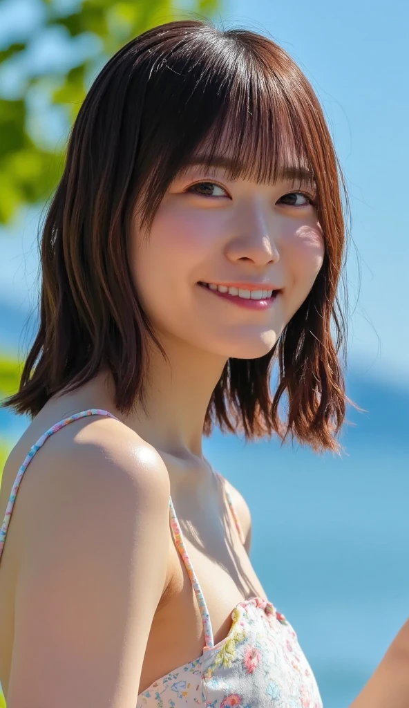 Long eyelashes, Brown Hair, Hair behind the ear, short hair, Mole under the eye, puppet, Japanese, Ocean, White Bikini、Big Breasts, Grin, Surrealism, Cast a Shadow, Anaglyph, Stereogram, throw, Atmospheric perspective, 8k, Super Detail, Highest quality, Ultra-high resolution, Textured skin, Anatomically correct、Sailor uniform、