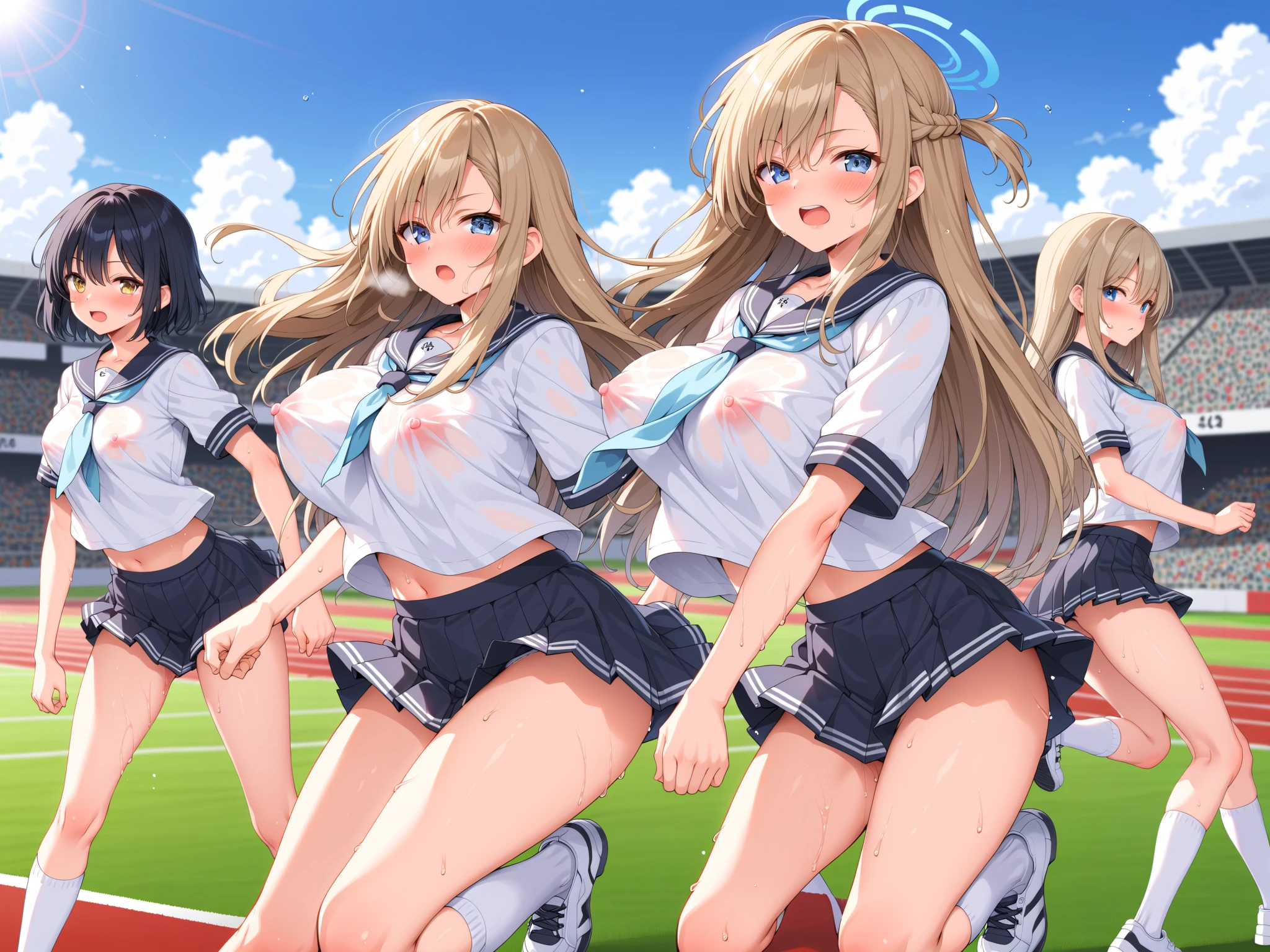 ((highest quality)), ((masterpiece)), (3 woman:1.5), cute woman are posing for a camera, (at the stadium), (Lifting SHIRT:1.3), (open your mouth and laugh:1.3), ray tracing, ((tits), (small nipples), nipples, breasts, hair band, headband, hair bobbles, blouse, shirt, (High definition thighs), (stand in a line), 12 talents、13 years old、14 years old、15 years old、Asian, Westerner, silver hair, brown hair, blond hair, (navel), jewelry, looking at viewer, necklace, long hair, short hair, (abs),(Depth of the bounds written), (My skirt is completely blown up by the strong wind.:1.2),