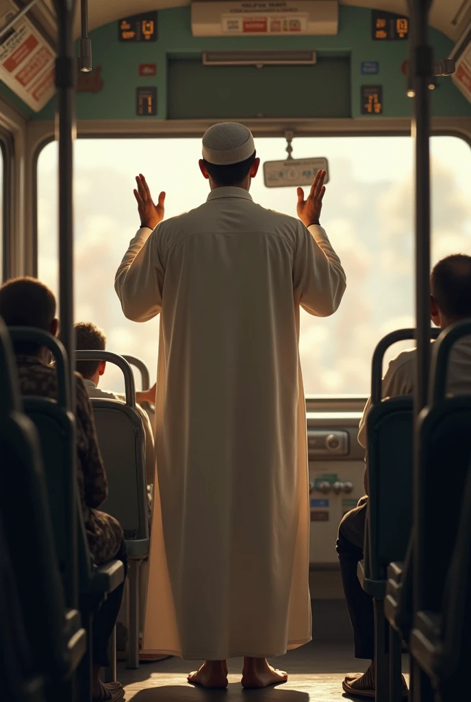 A Madrasah student standing inside the bus is asking everyone for money.