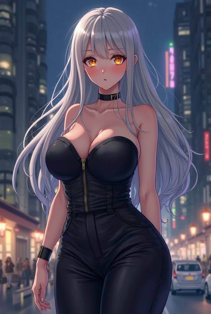 masterpiece, best quality, shadows, perfect hands, perfect legs, perfect anatomy, pretty face, mature features, 1 girl, 21 years old, MILF, mature woman, sexy black dress, city night background, white long hair, thighs, ass, breast, seductive, spicy, posing, cinematography lights,