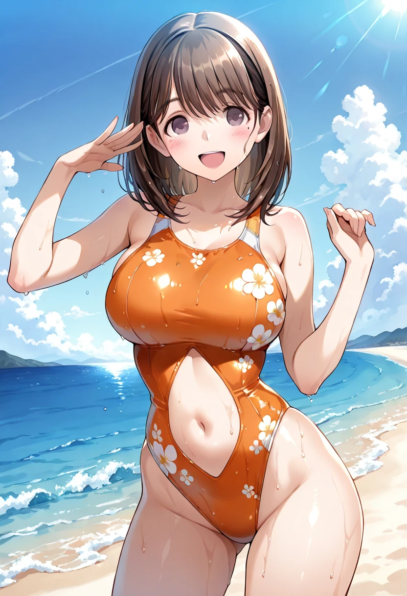 1girll, with short brown hair, Brown eyes, Cowboy shot, Yellow swimsuit, Yellow belt, One-piece swimsuit, Smile, Blush, beach, Large breasts, Deep-chested swimsuit, Highleg Plunge swimsuit
