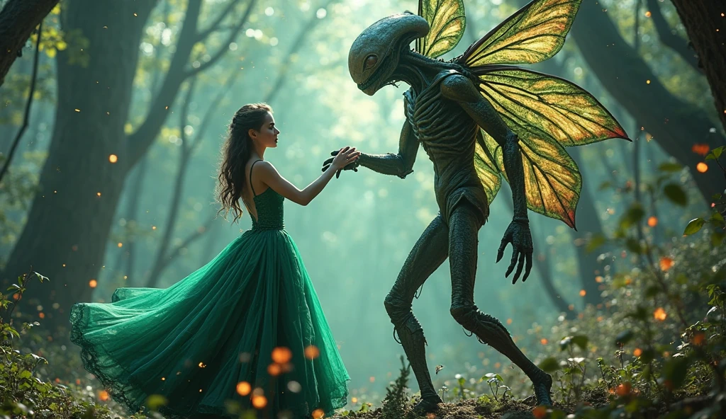 A fairy meeting an alien in a forest