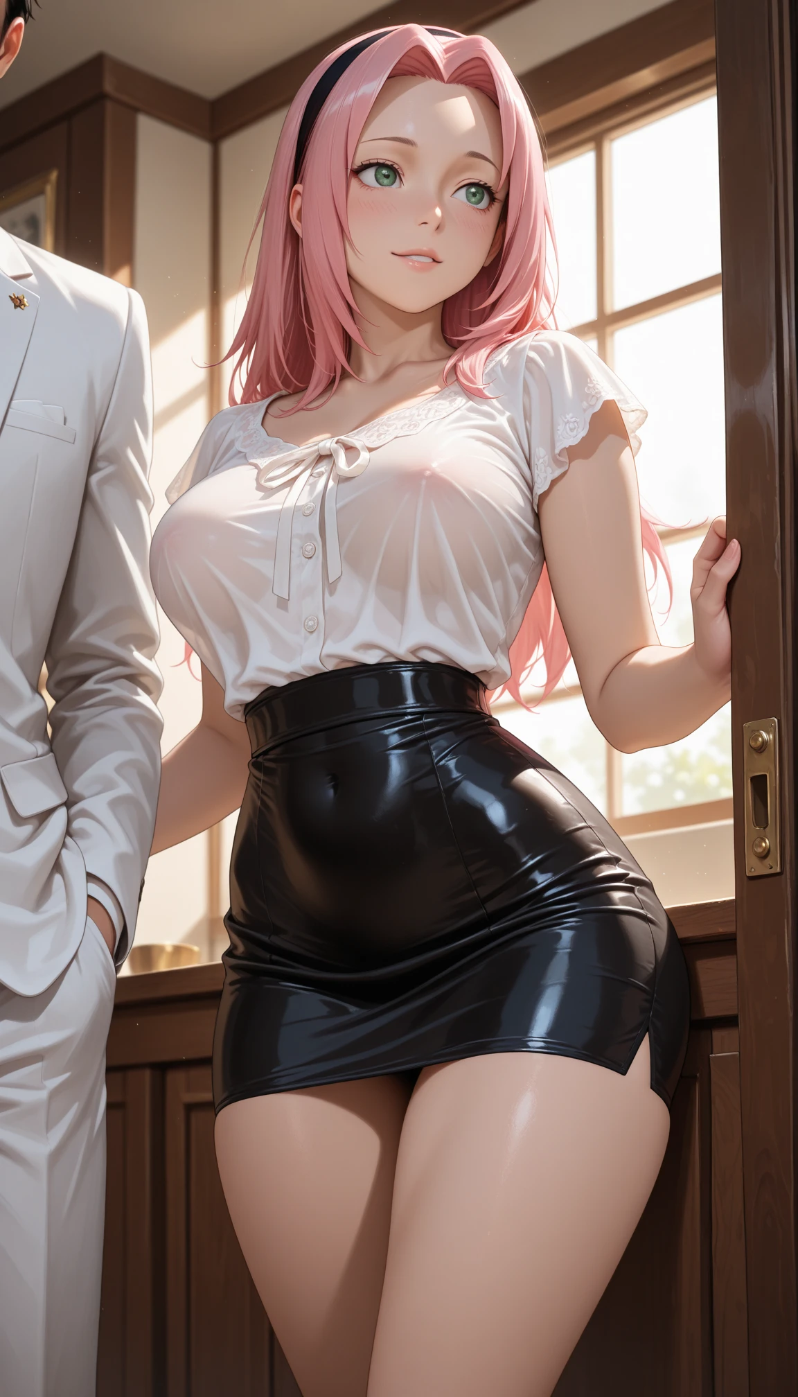Masterpiece, best quality,amazing,8k wallpapar,highres, big breast,pink hairs,tight clothes, smiling, blush,sweat,one woman,beautiful woman, one man,man grabbing womans ass,standing in classroom