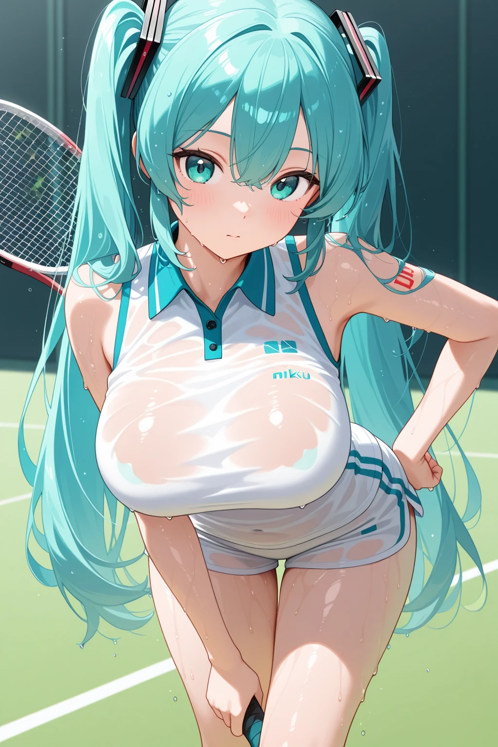 (masterpiece:1.2),( high quality:1.1), tennis outfit, tennis court,
bulla,kubrick stare, long hair, straight hair,bangs,  aqua hair, blue eyes, mascara, long lashes,  hairband, red hairband, earrings,  huge breast,large breast,(ambient lighting:1.1), full body, (realistic: 1.2), (realism), (masterpiece: 1.2), (best quality), (ultra detailed), (8k, 4k, intricate), light particles, lighting, (highly detailed: 1.2), (detailed face: 1.2), (gradients), nsfw, colorful, (detailed eyes: 1.2), (rule of third_composition: 1.3),